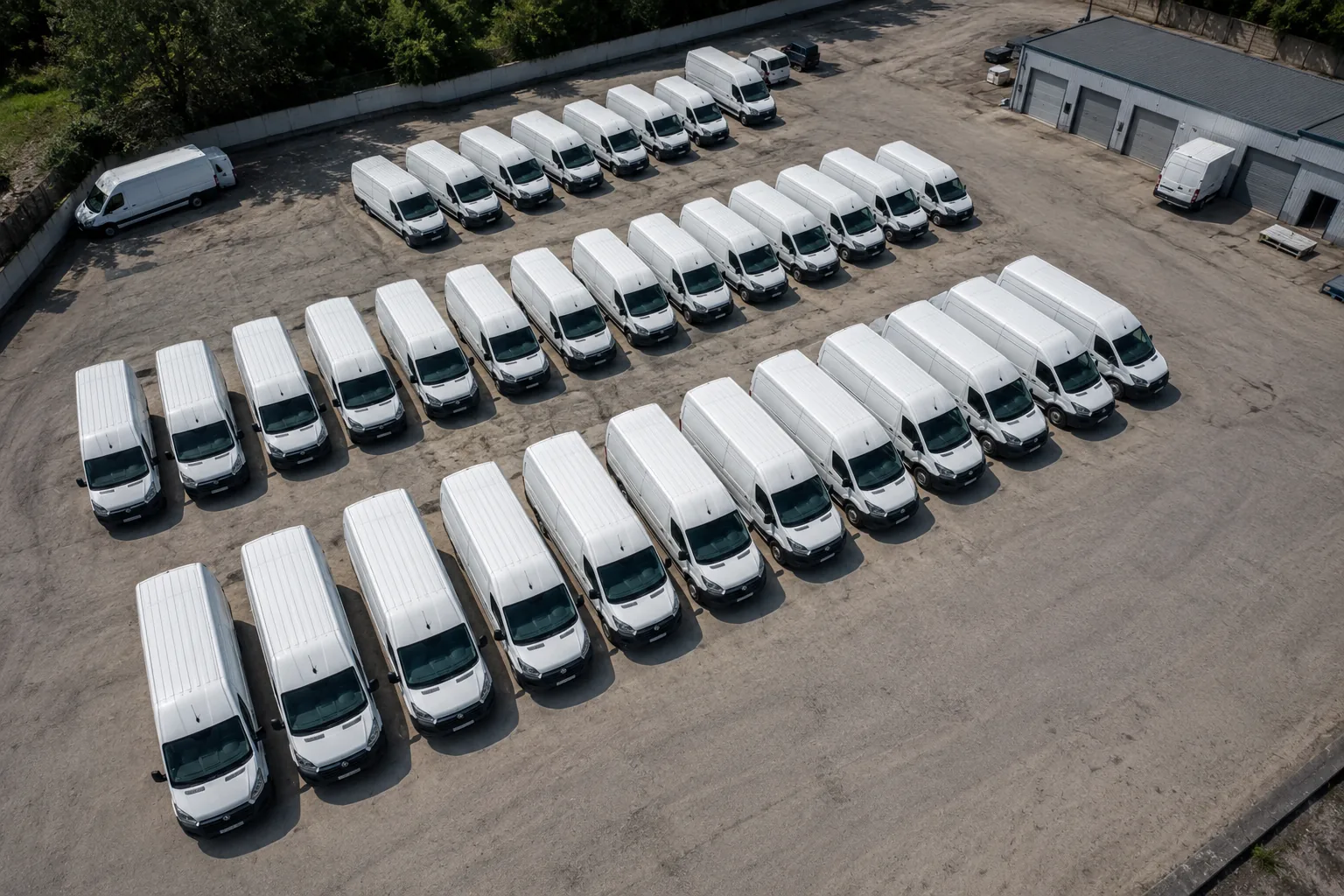 A large fleet of commercial vehicles freshly washed